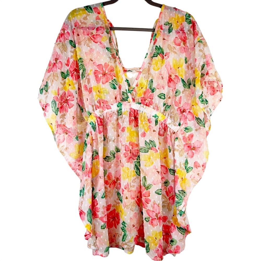 Floral Swiss Dot V-Neck Swim Cover Up Pink Yellow Butterfly Sleeve Relaxed Fit